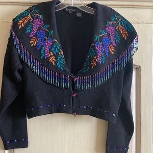 Rafia Vintage 90’s black Fringe Beaded Grape Floral Cardigan Sweater Cropped